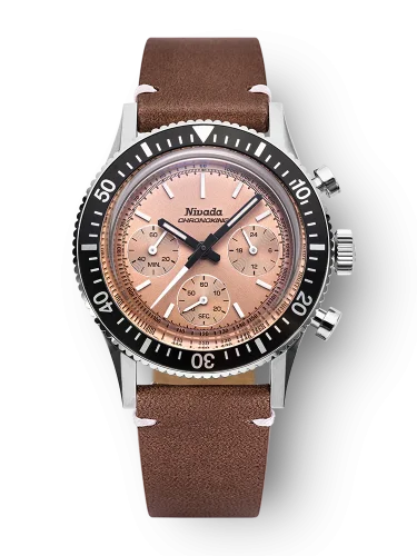 Men's silver Nivada Grenchen watch with leather strap Chronoking Mecaquartz Salamon Brown Leather 87043Q14 38MM