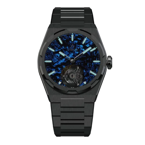 Men's black Aisiondesign Watch with steel strap Tourbillon - Lumed Forged Carbon Fiber Dial - Blue 41MM