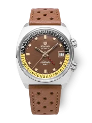 Men's silver Nivada Grenchen watch with leather strap Antarctic GMT - Tropical 32061A23 36MM Automatic
