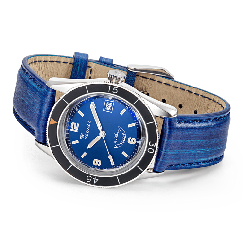 Montre Squale pour homme en couleur argent avec bracelet en cuir Sub-39 Blue Leather - Silver 40MM Automatic