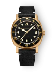 Men's gold Nivada Grenchen watch with leather strap Depthmaster Bronze 14123A16 Black Leather 39MM Automatic