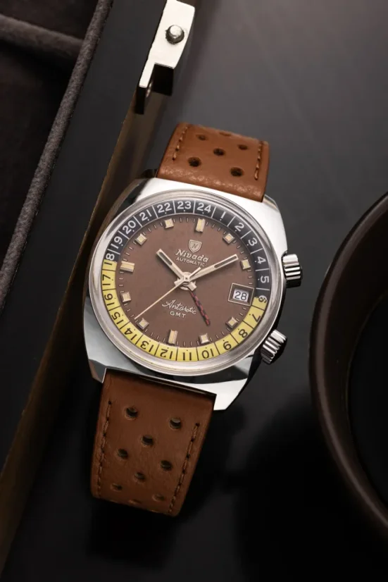 Men's silver Nivada Grenchen watch with leather strap Antarctic GMT - Tropical 32061A17 36MM Automatic