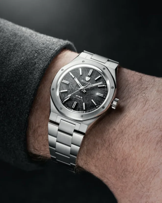 Men's silver Nivada Grenchen watch with steel strap F77 STAINLESS STEEL METEORITE 69041A77C With Date 41MM Automatic