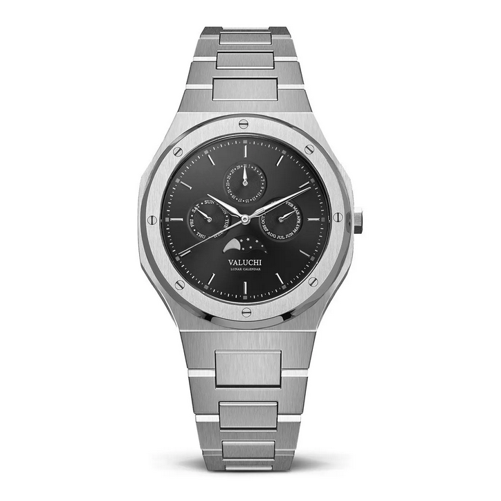 Men's silver Valuchi watch with steel strap Lunar Calendar - Silver Black Automatic 40MM