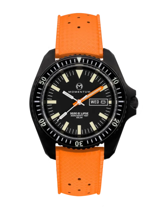 Zwart herenhorloge van Momentum Watches met een rubberen band SQ30 Eclipse Solar Black-Ion - ORANGE TROPIC FKM RUBBER 42MM