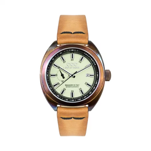 Męski srebrny zegarek Out Of Order Watches ze skórzanym paskiem Torpedine Cream 42MM Automatic