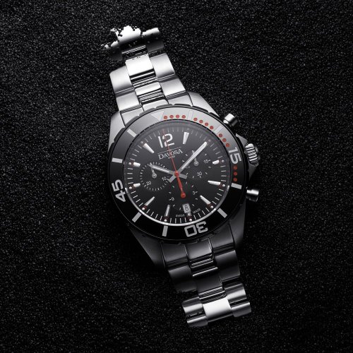 Men's silver Davosa watch with steel strap Nautic Star Chronograph - Silver/Red 43,5MM