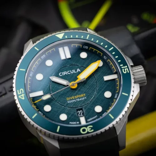 Men's silver Circula Watch with rubber strap DiveSport Titan - Petrol / Hardened Titanium 42MM Automatic