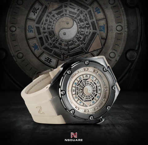 Čierne pánske hodinky Nsquare s gumovým opaskom FIVE ELEMENTS Black / Brown 46MM Automatic