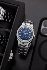 Men's silver Nivada Grenchen watch with steel strap F77 Blue No Date 68001A77 37MM Automatic