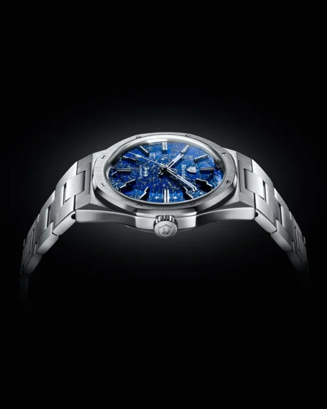Strieborné pánske hodinky Nivada Grenchen s textilným opaskom F77 STAINLESS STEEL LAPIS LAZULI 68009A77-BC 37MM Automatic