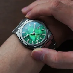 Srebrny zegarek męski Aisiondesign Watches z pasem stalowym HANG GMT - Green MOP 41MM Automatic