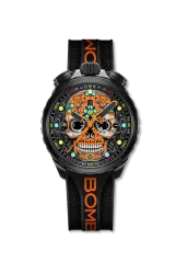 Schwarze Herrenuhr Bomberg Watches mit Gummiband SUGAR SKULL ORANGE 45MM