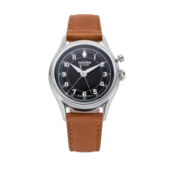 Men's silver Vulcain watch with leather strap Cricket Classique Brown Plain Steel Case Back - Black & White/Blue 39MM Automatic