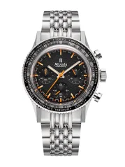 Men's silver Nivada Grenchen watch with steel strap GMT Bezel Chronoking Mecaquartz Inter. Bezel Beads Of Rice Bracelet 87042Q04 38MM