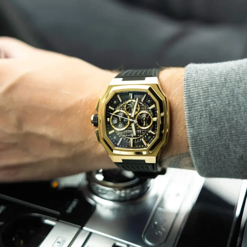 Zlaté pánské hodinky Ralph Christian s gumovým páskem The Equinox Chrono - Golden Eclipse 47MM
