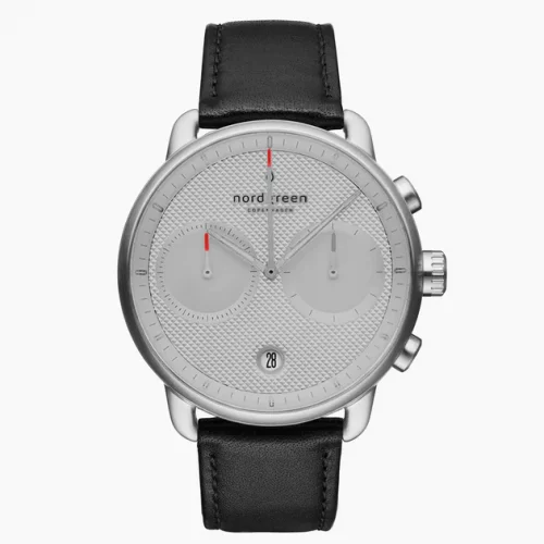 Men's silver Nordgreen watch with leather strap Pioneer Textured Grey Dial - Black Leather / Silver 42MM