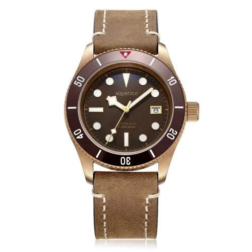 Zlaté pánske hodinky Aquatico Watches s koženým pásikom Bronze Sea Star Brown Automatic 42MM