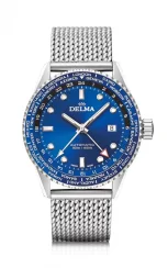 Męski srebrny zegarek Delma Watches ze stalowym paskiem Cayman Worldtimer Silver / Blue 42MM Automatic