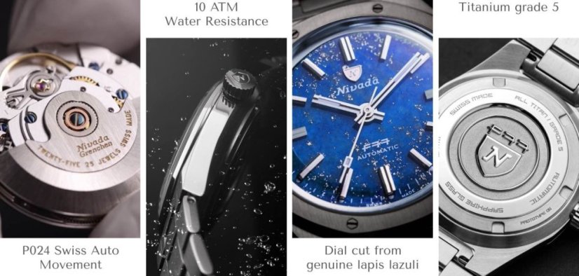 Herrenuhr aus Silber Nivada Grenchen mit Stahlband F77 TITANIUM LAPIS LAZULI 68017A77 37MM Automatic