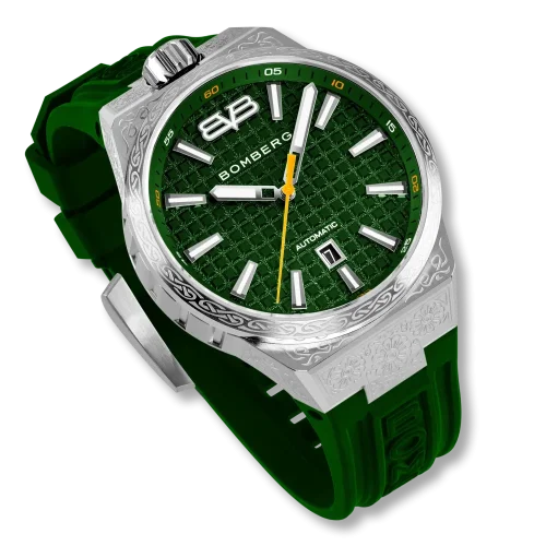 Men's silver Bomberg Watch with rubber strap OLIVE GREEN 43MM Automatic
