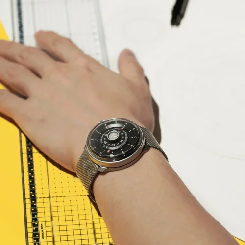 Srebrny zegarek męski Aisiondesign Watches z pasem stalowym NGIZED Suspended Dial - Black Dial 42.5MM