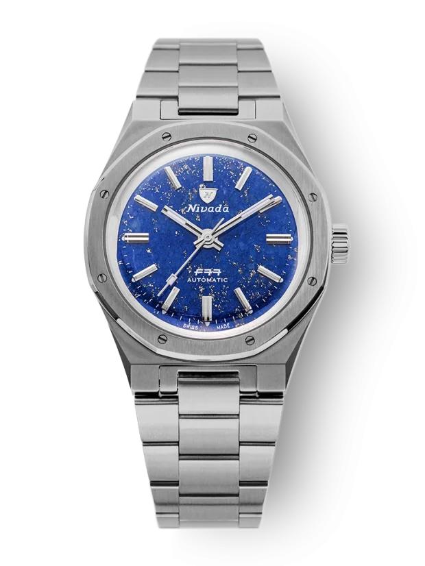 Zilverkleurig herenhorloge van Nivada Grenchen met stalen riem F77 TITANIUM LAPIS LAZULI 68017A77 37MM Automatic