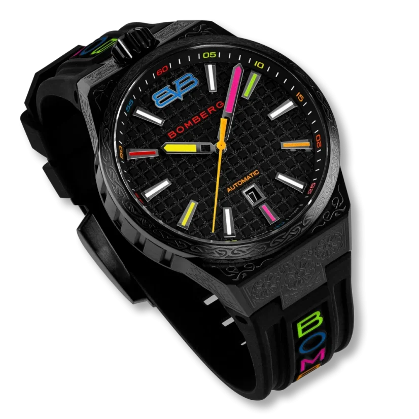 Schwarze Herrenuhr Bomberg Watches mit Gummiband CHROMA NOIRE 43MM Automatic