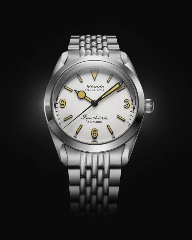 Stříbrné pánské hodinky Nivada Grenchen s ocelovým páskem Super Antarctic White 3.6.9 Cream 32066A04 38MM Automatic