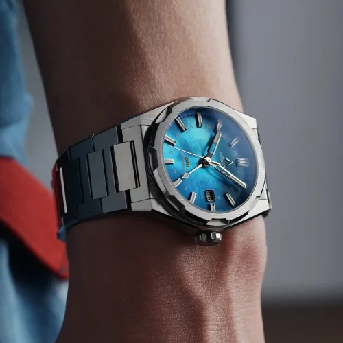 Strieborné pánske hodinky Aisiondesign Watches s ocelovým pásikom HANG GMT - Blue MOP 41MM Automatic