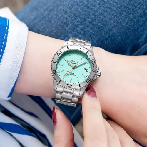 Miesten hopea Aquatico Watches - kello teräsrannekkeella Dolphin Dive Watch Tiffany Blue Dial 39MM