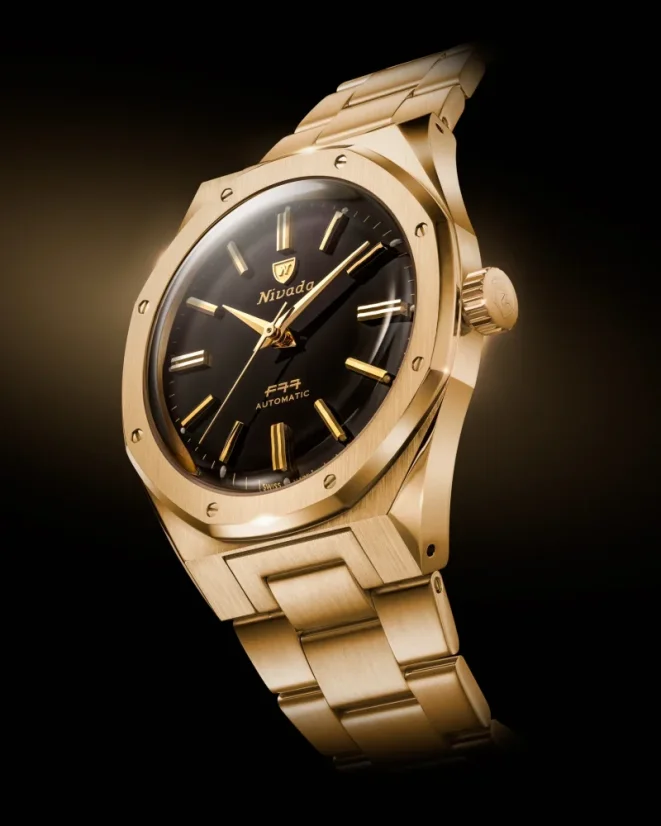 Zlaté pánske hodinky Nivada Grenchen s ocelovým opaskom F77 MARK II GOLD 68028A77 38MM Automatic