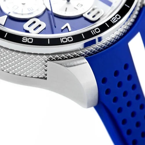 Stříbrné pánské hodinky Bomberg s gumovým páskem RACING 4.1 Blue 45MM