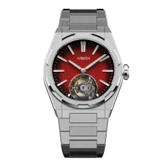 Men's silver Aisiondesign Watch with steel strap Tourbillon Hexagonal Pyramid Seamless Dial - Red 41MM