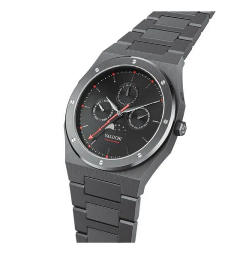 Relógio Valuchi Watches preto para homem com pulseira de aço Lunar Calendar - Gunmetal Black 40MM