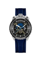 Silberne Herrenuhr Bomberg Watches mit Gummiband PIRATE SKULL BLUE 45MM