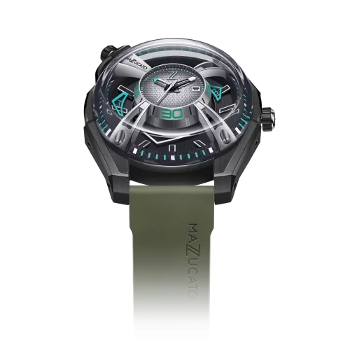 Čierne pánske hodinky Mazzucato s gumovým pásikom LAX Dual Time Black / Green - 48MM Automatic