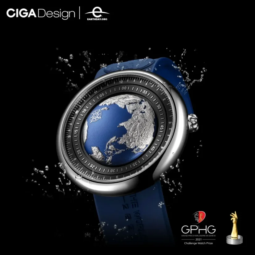 Men's silver CIGA Design watch with rubber strap U Blue Planet Titanum 46MM Automatic