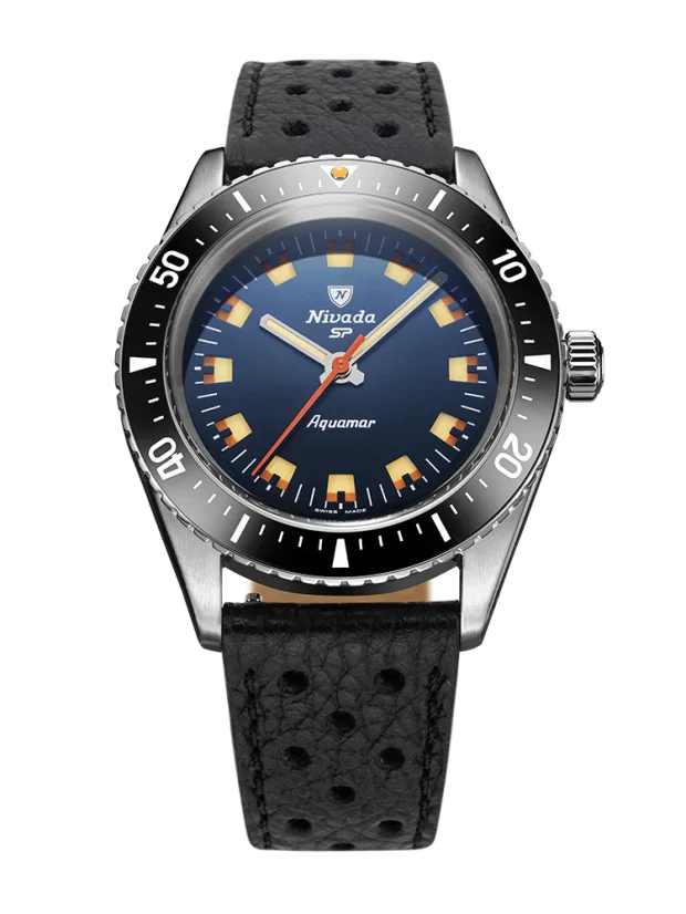 Stříbrné pánské hodinky Nivada Grenchen s koženým páskem Aquamar Blue 32074A10 38MM Automatic