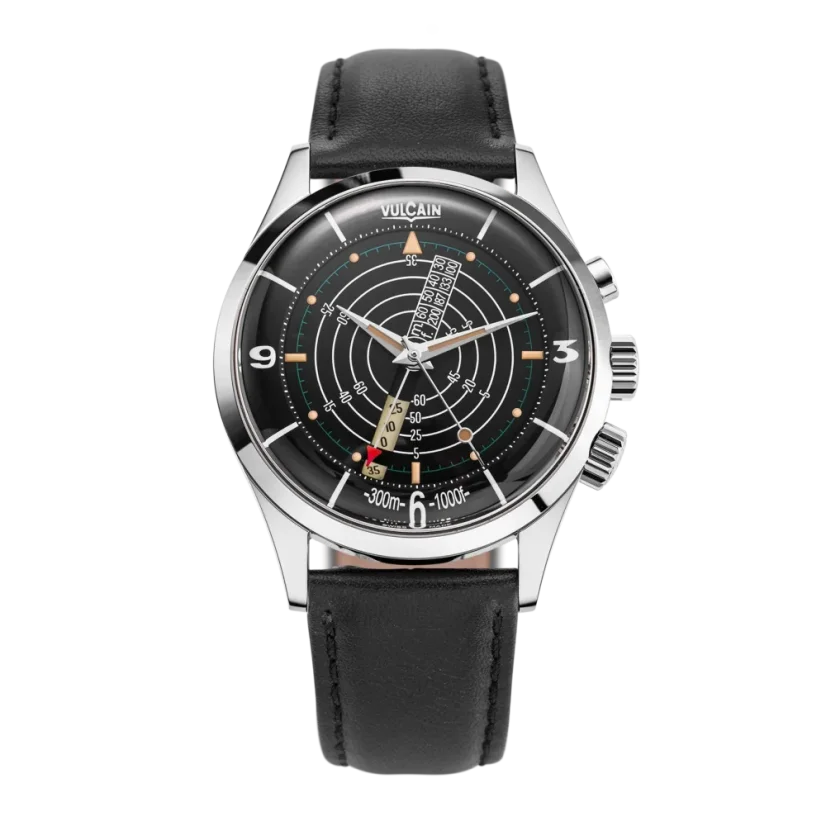 Men's silver Vulcain watch with leather strap Nautical Heritage Black Beige Patina Steel Triple Caseback - Black Plain 42MM Automatic