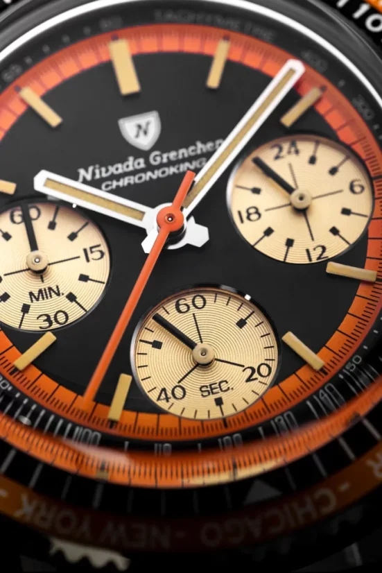 Zwart herenhorloge van Nivada Grenchen met leren riem Chronoking Mecaquartz Black 87041Q10 38MM
