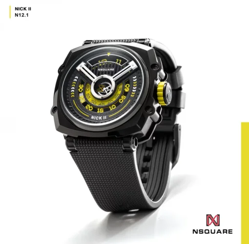 Muški crni sat Nsquare s gumenim remenom NSQUARE NICK II Black / Yellow 45MM Automatic