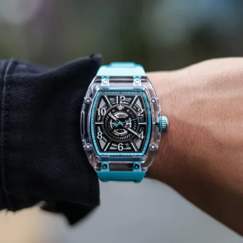 Strieborné pánske hodinky Ralph Christian s gumovým pásikom The Ghost - Aqua Blue Automatic 43MM