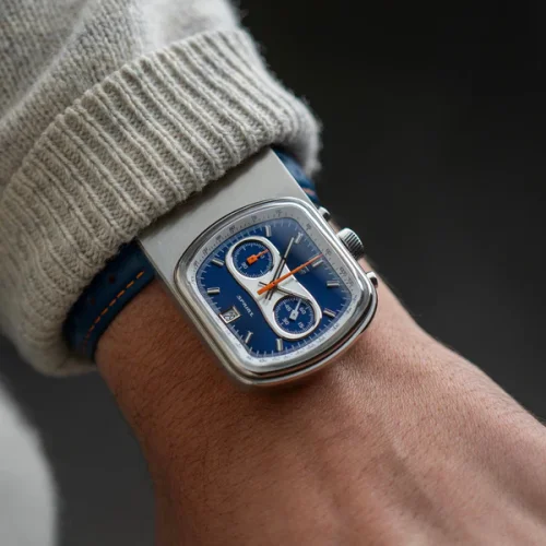 Zilverkleurig herenhorloge van Straton Watches met leren band Cuffbuster Sprint Blue 37,5MM