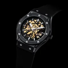 Černé pánské hodinky Ralph Christian s gumovým páskem Prague Skeleton Deluxe - Black Automatic 44MM