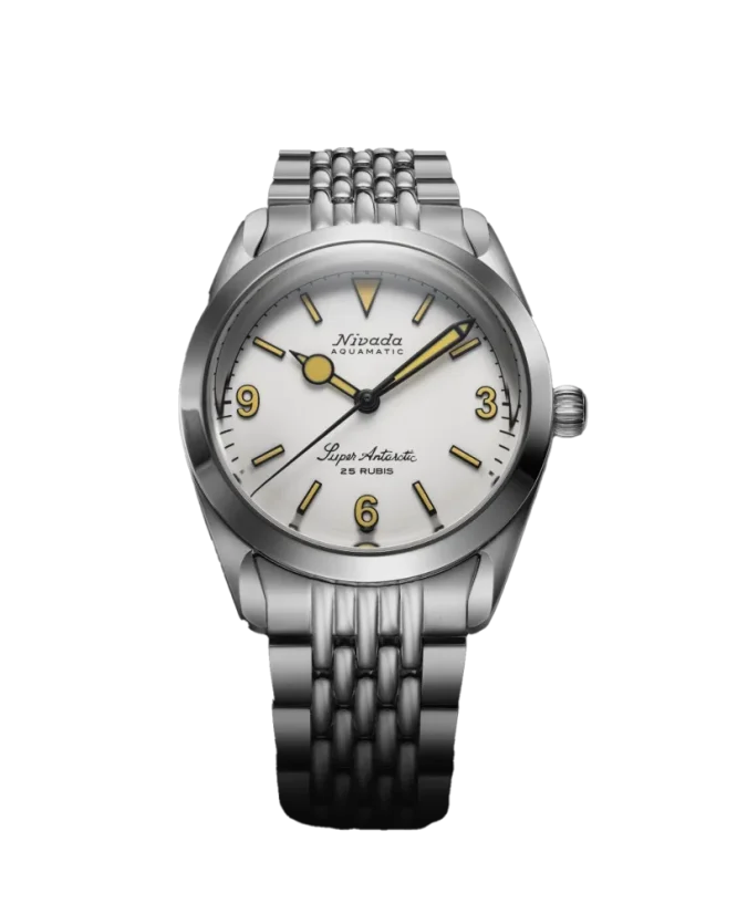 Stříbrné pánské hodinky Nivada Grenchen s ocelovým páskem Super Antarctic White 3.6.9 Cream 32066A04 38MM Automatic