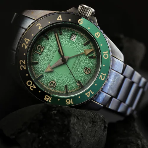 Męski srebrny zegarek Out Of Order Watches ze stalowym paskiem Trecento Green 40MM Automatic
