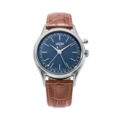 Srebrni muški sat Vulcain s kožnim remenom Cricket President Blue Steel Case Back - BROWN CALF SKIN LEATHER ALLIGATOR-PRINTED 38MM Automatic