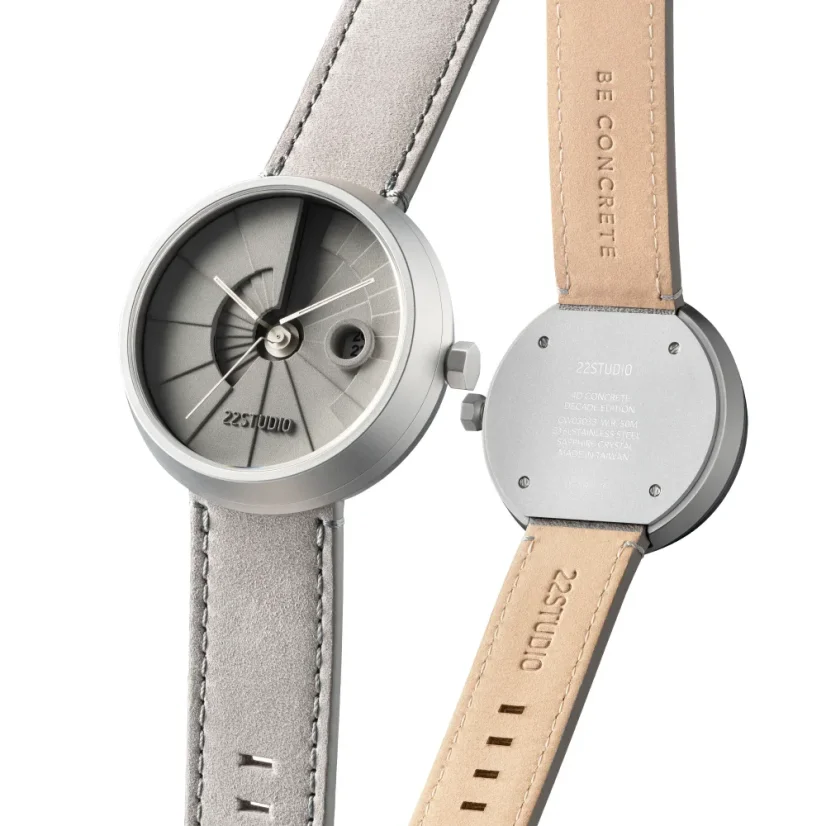 Men's silver 22Designstudio Watches watch with leather strap 4D Concrete Grey 44MM