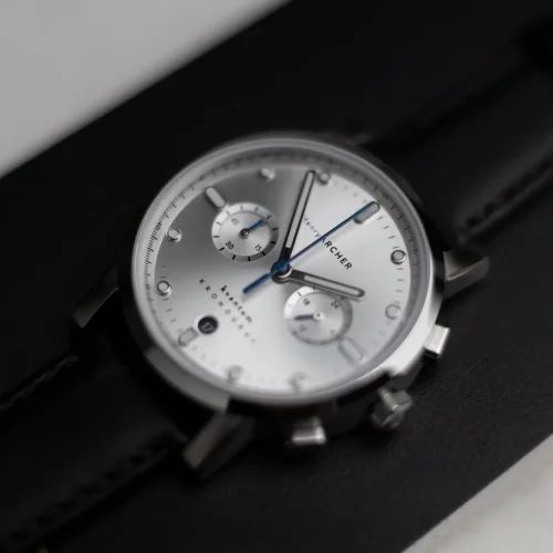Muški srebrni sat Henryarcher Watches s kožnim remenom Kvantum - Matriks Nero 41MM
